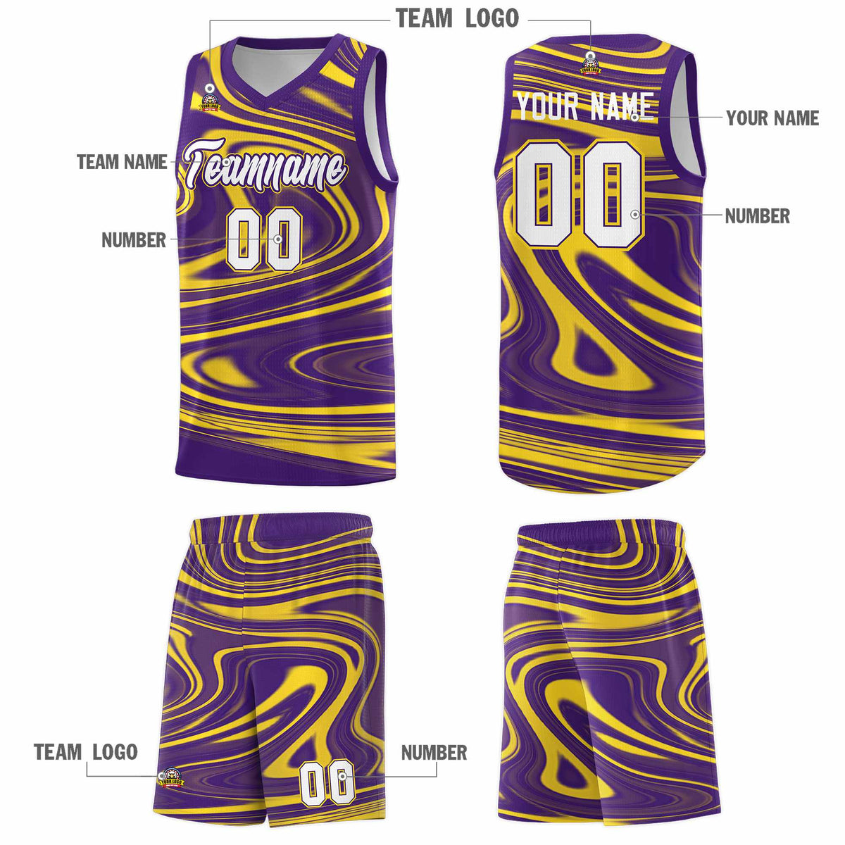 Custom Purple Gold Graffiti Pattern Fluids Style Sports Uniform Basketball Jersey Sets