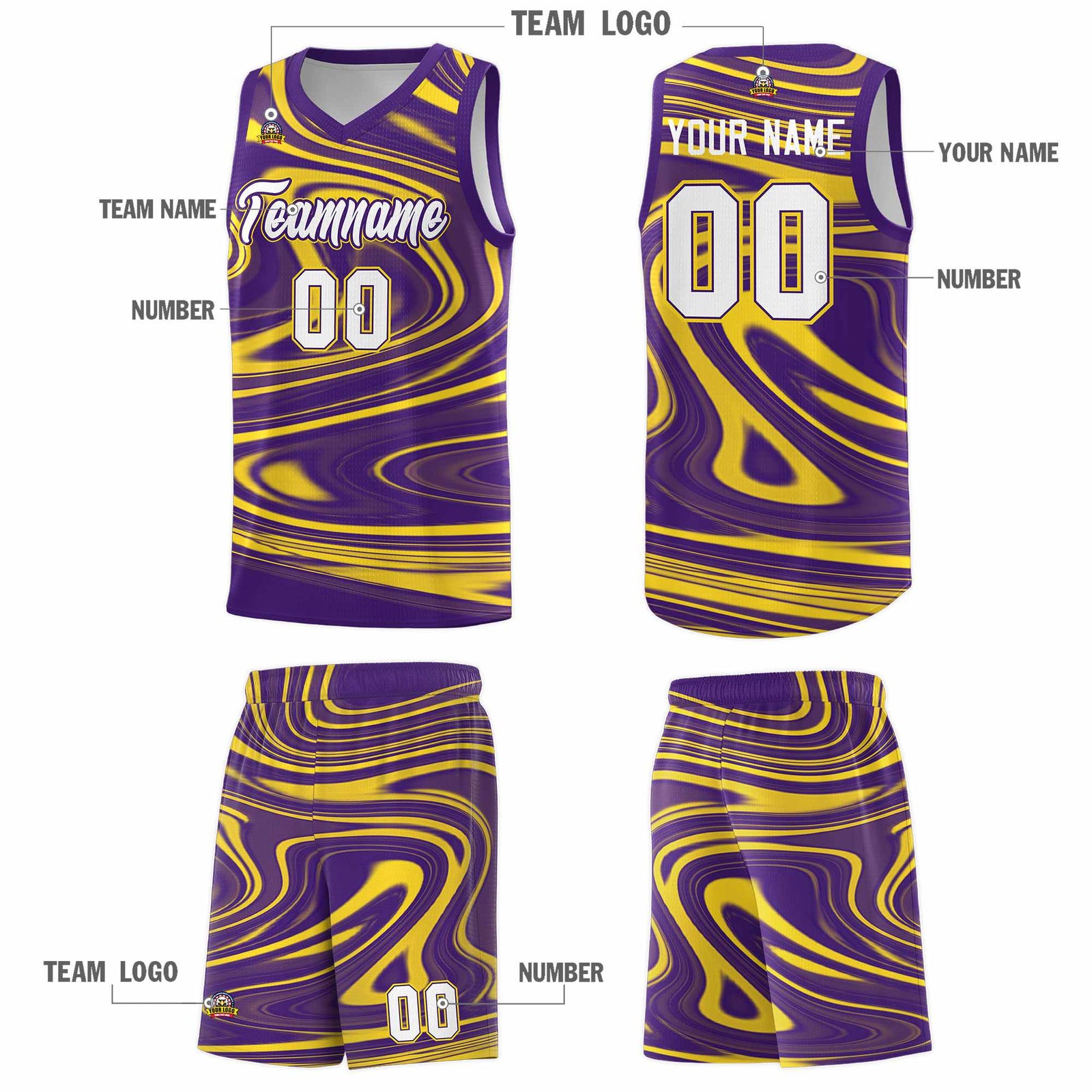 Custom Purple Gold Graffiti Pattern Fluids Style Sports Uniform Basketball Jersey Sets