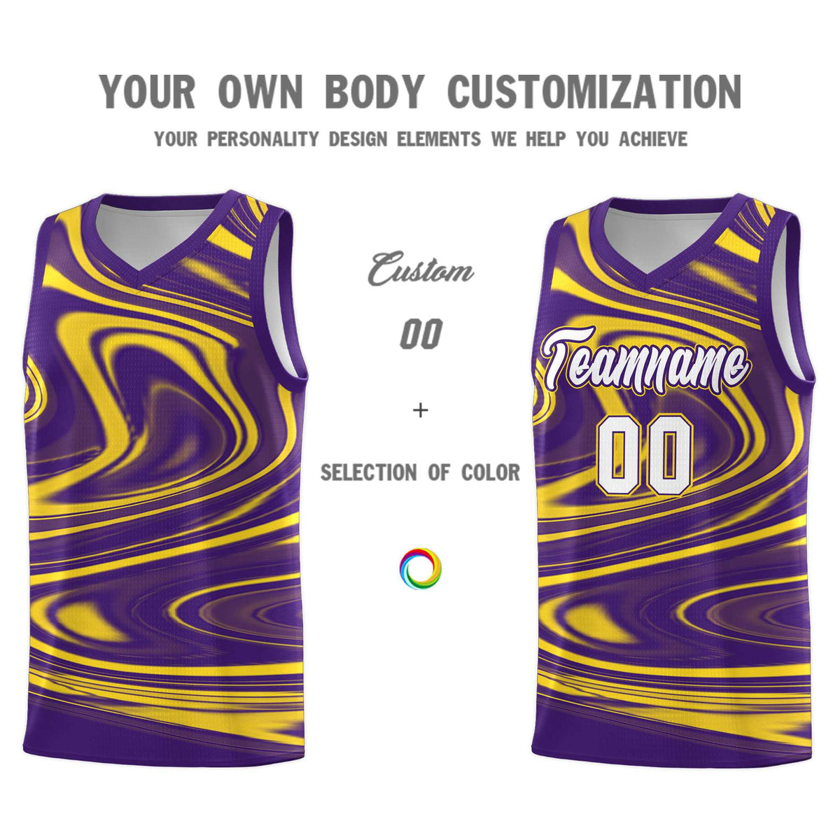 Custom Purple Gold Graffiti Pattern Fluids Style Sports Uniform Basketball Jersey Sets