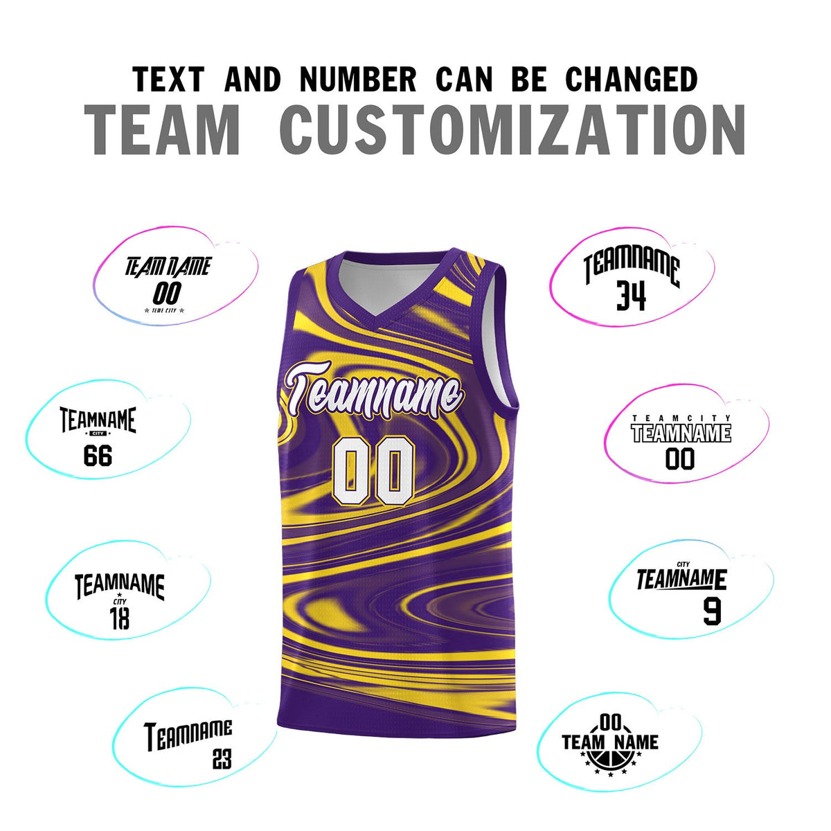 Custom Purple Gold Graffiti Pattern Fluids Style Sports Uniform Basketball Jersey Sets