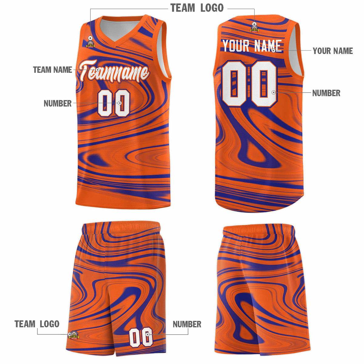 Custom Orange Royal Graffiti Pattern Fluids Style Sports Uniform Basketball Jersey Sets