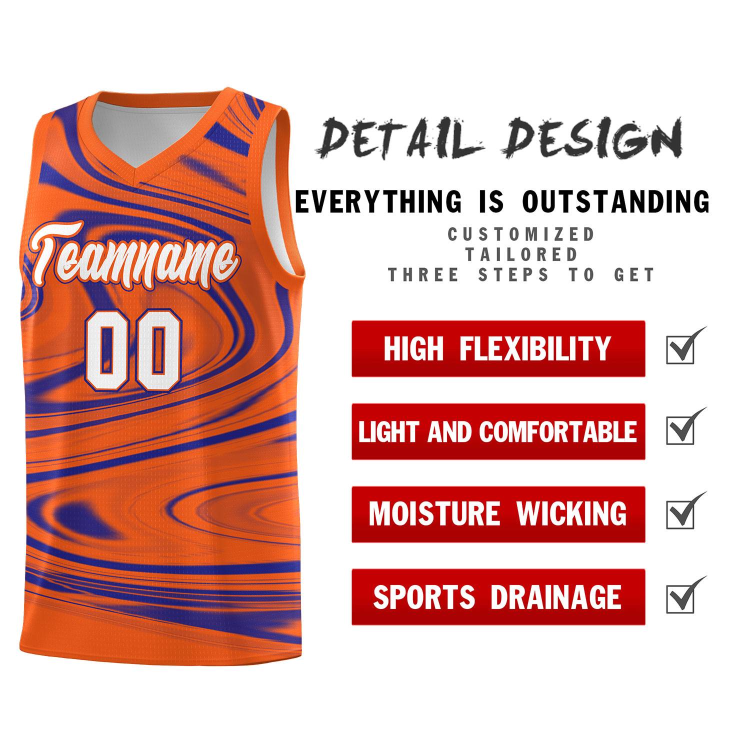 Custom Orange Royal Graffiti Pattern Fluids Style Sports Uniform Basketball Jersey Sets