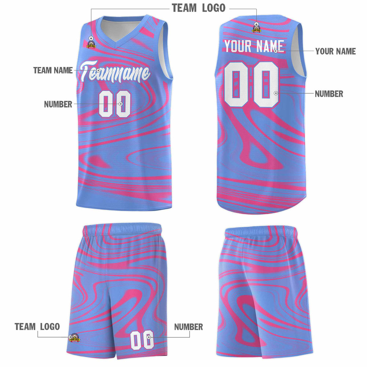 Custom Light Blue Pink Graffiti Pattern Fluids Style Sports Uniform Basketball Jersey Sets