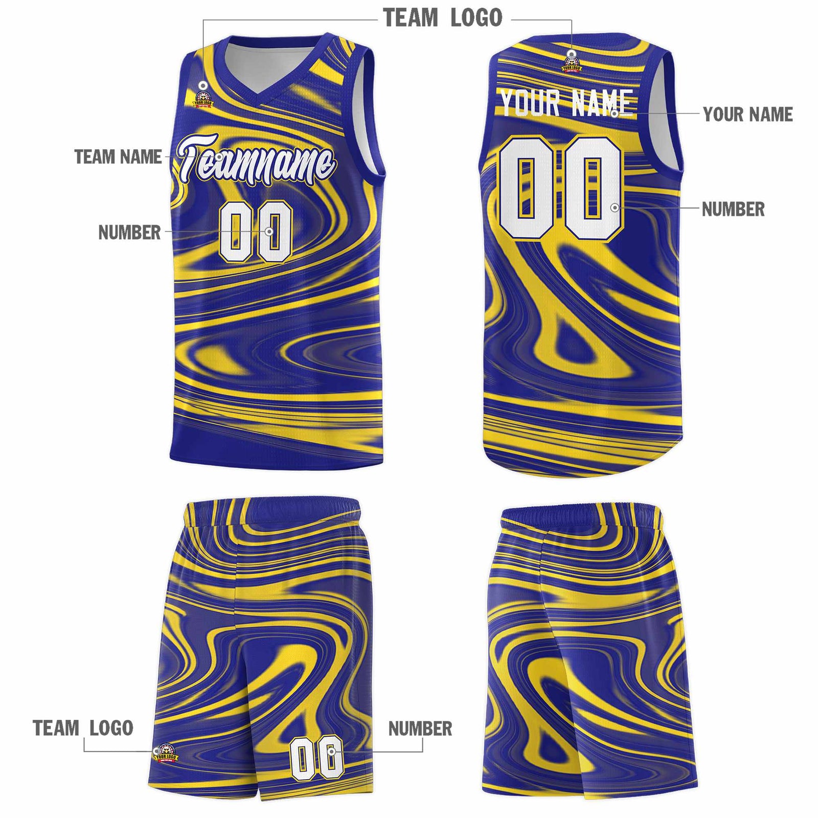 Custom Royal Gold Graffiti Pattern Fluids Style Sports Uniform Basketball Jersey Sets