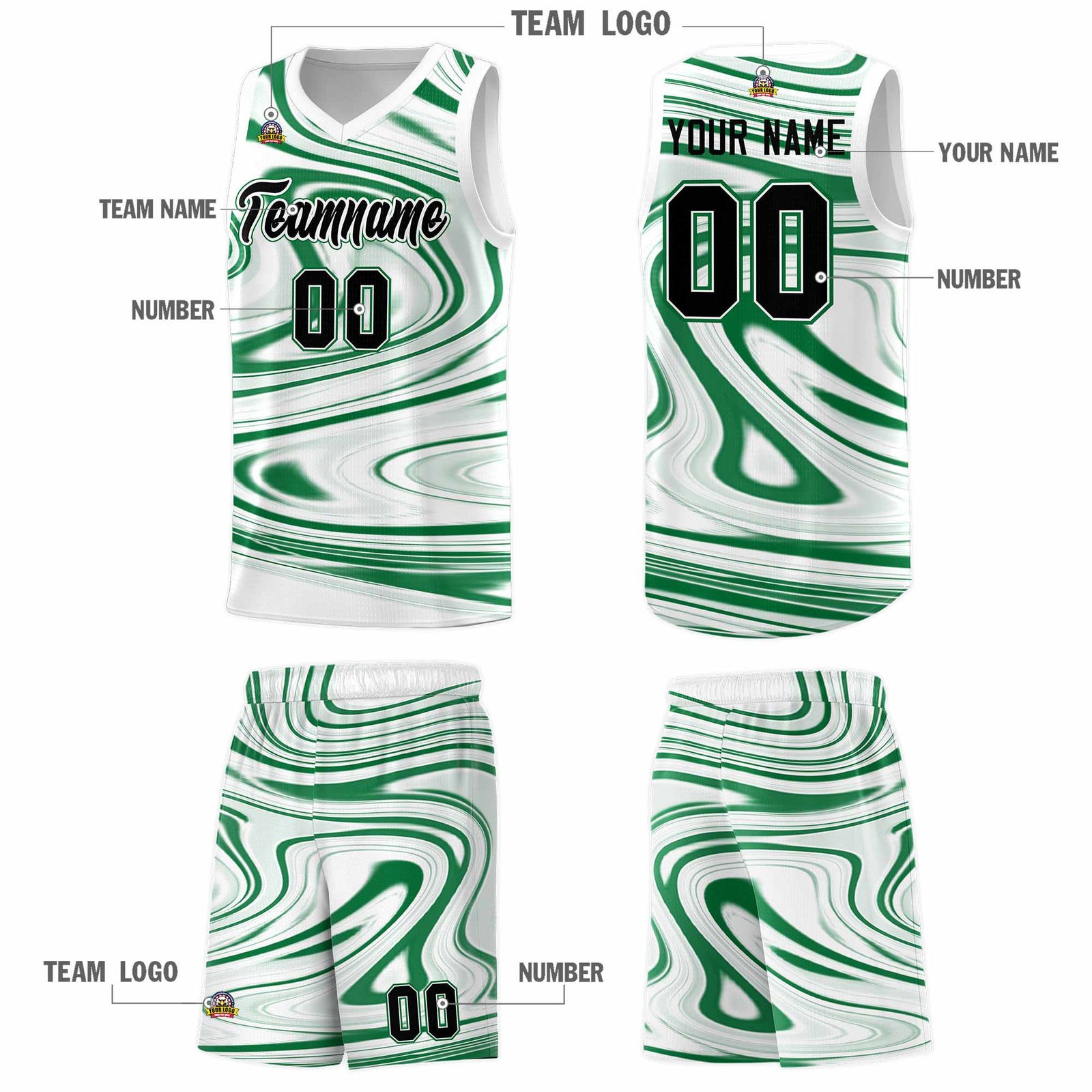 Custom White Kelly Green Graffiti Pattern Fluids Style Sports Uniform Basketball Jersey Sets