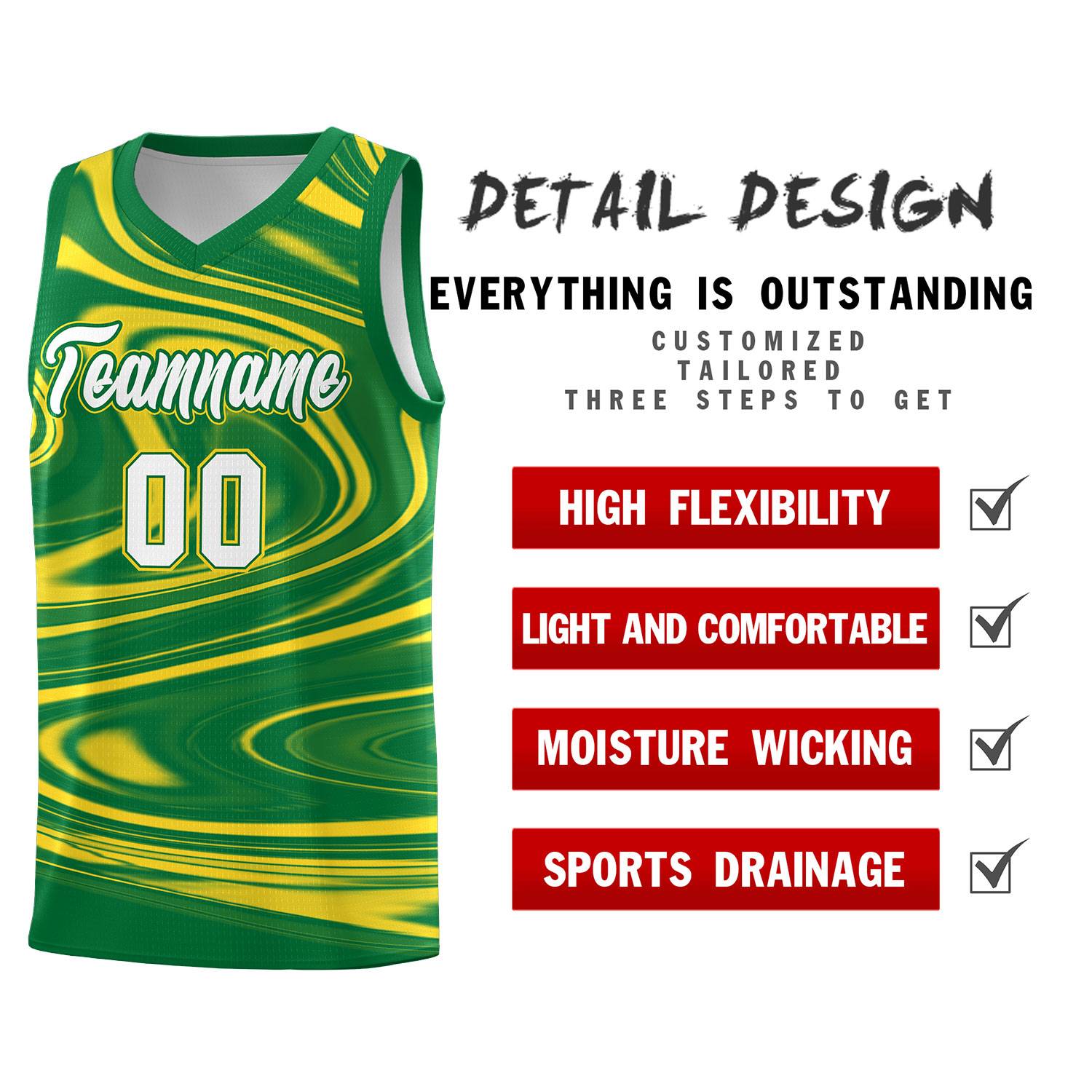 Custom Kelly Green Gold Graffiti Pattern Fluids Style Sports Uniform Basketball Jersey Sets