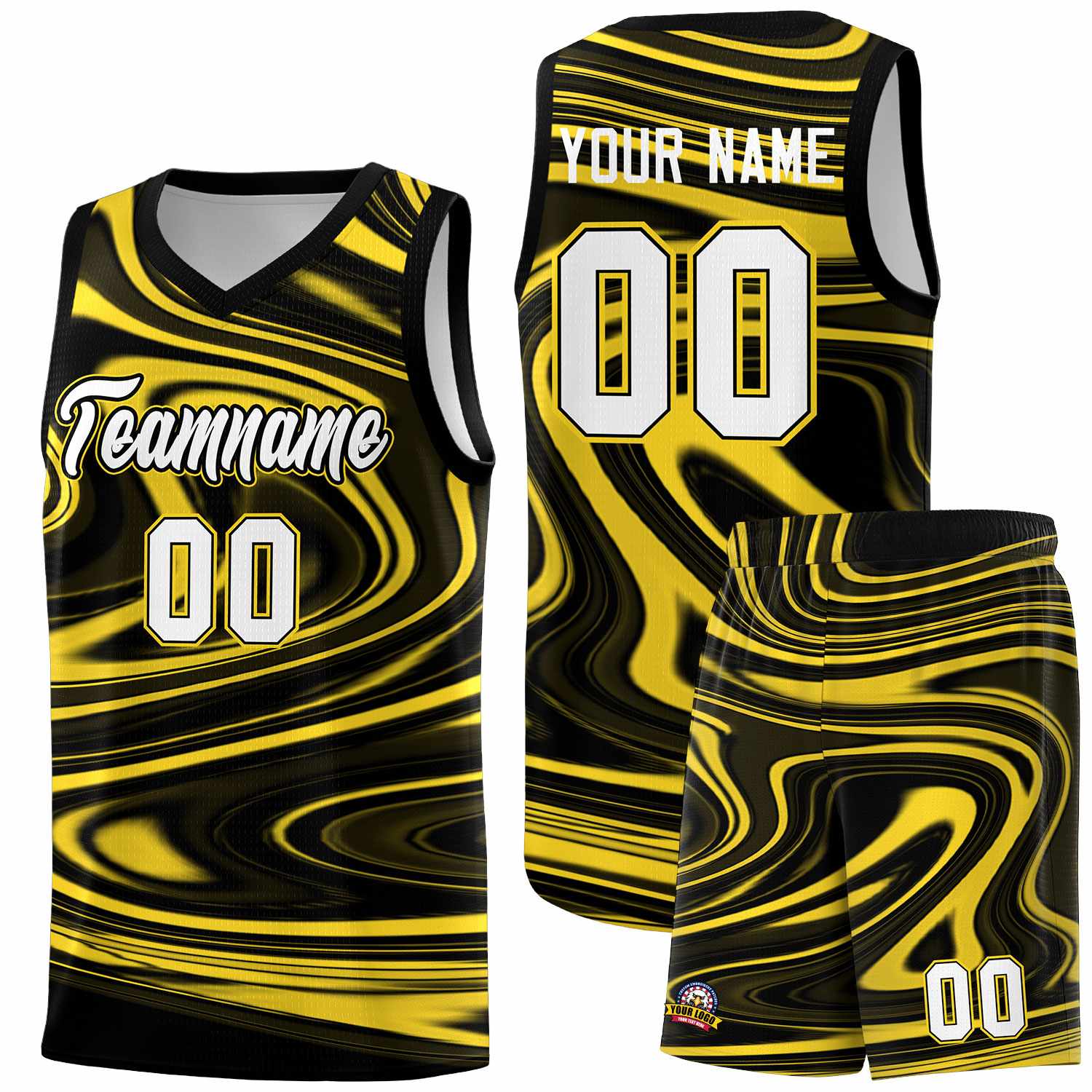Custom Black Gold Graffiti Pattern Fluids Style Sports Uniform Basketball Jersey Sets