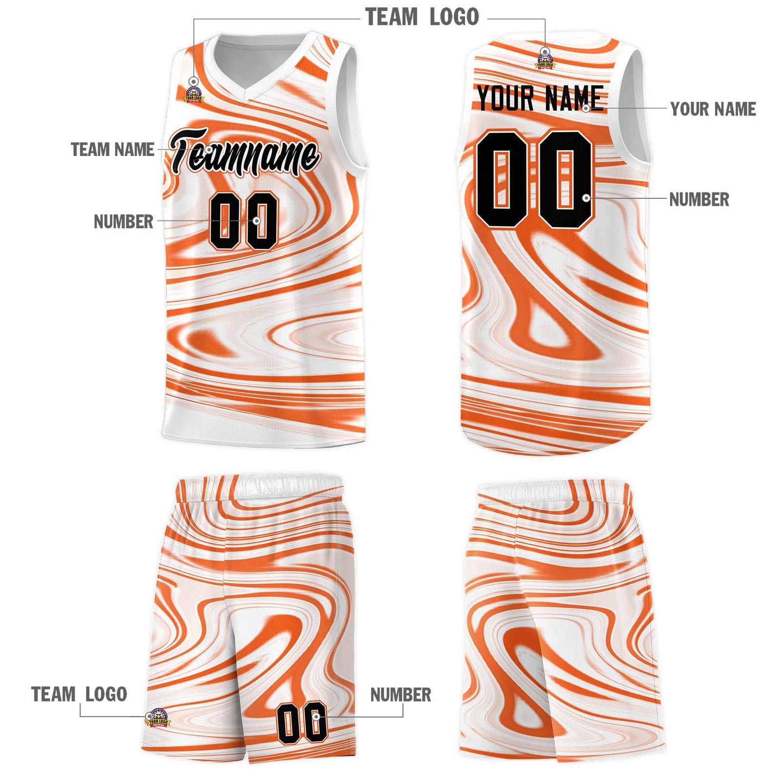Custom White Orange Graffiti Pattern Fluids Style Sports Uniform Basketball Jersey Sets
