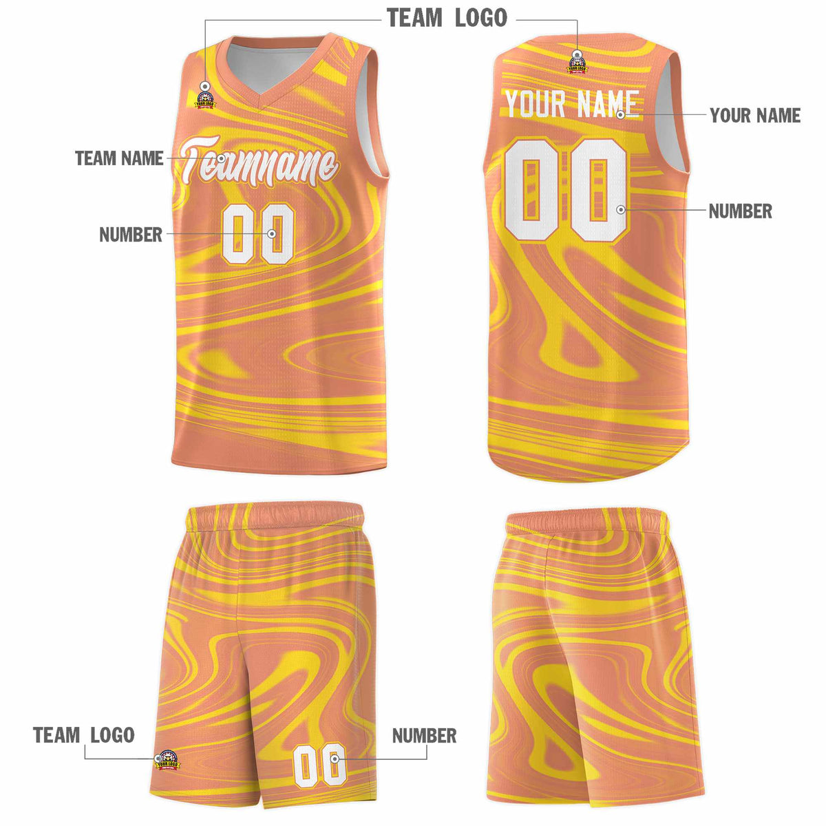 Custom Light Orange Gold Graffiti Pattern Fluids Style Sports Uniform Basketball Jersey Sets