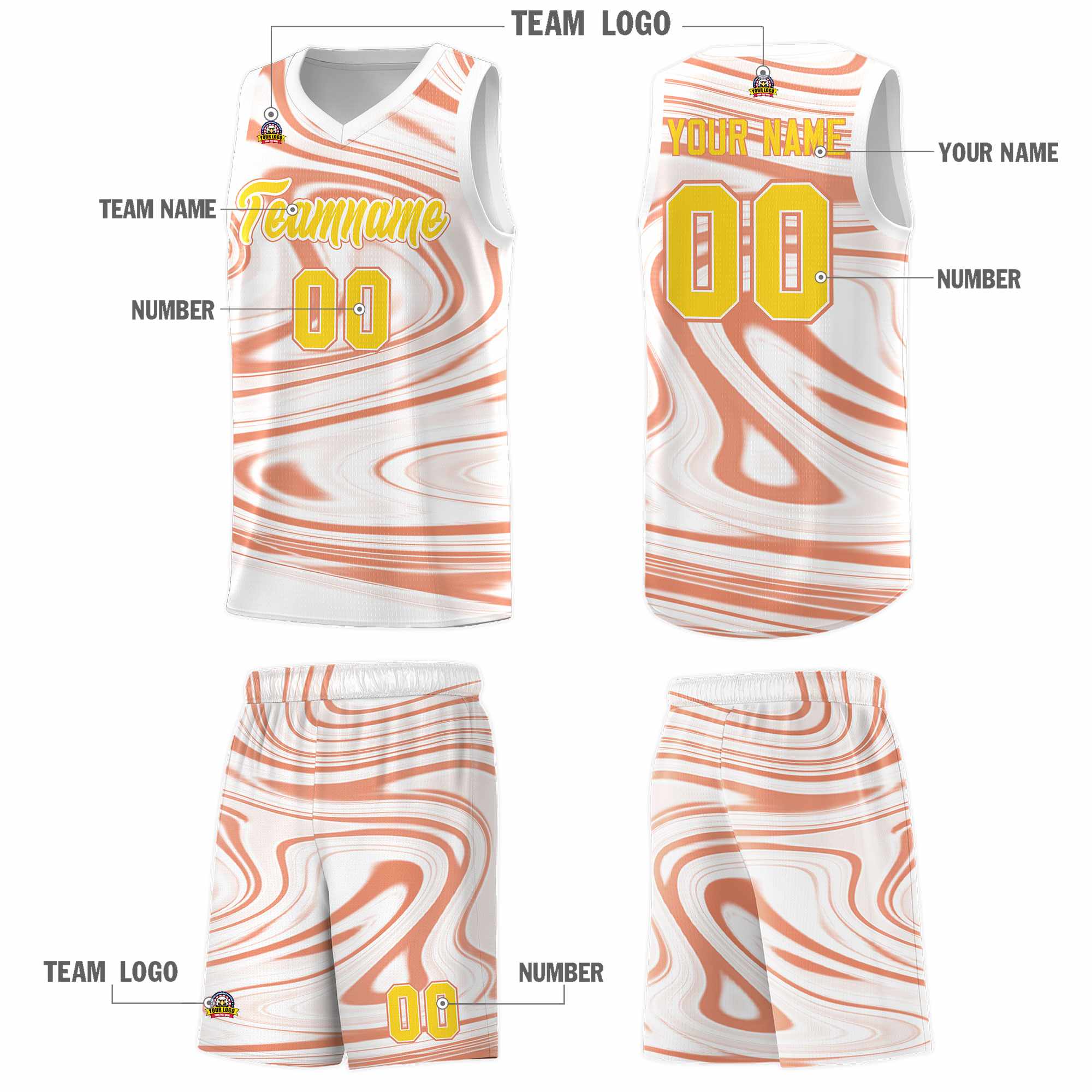 Custom White Light Orange Graffiti Pattern Fluids Style Sports Uniform Basketball Jersey Sets