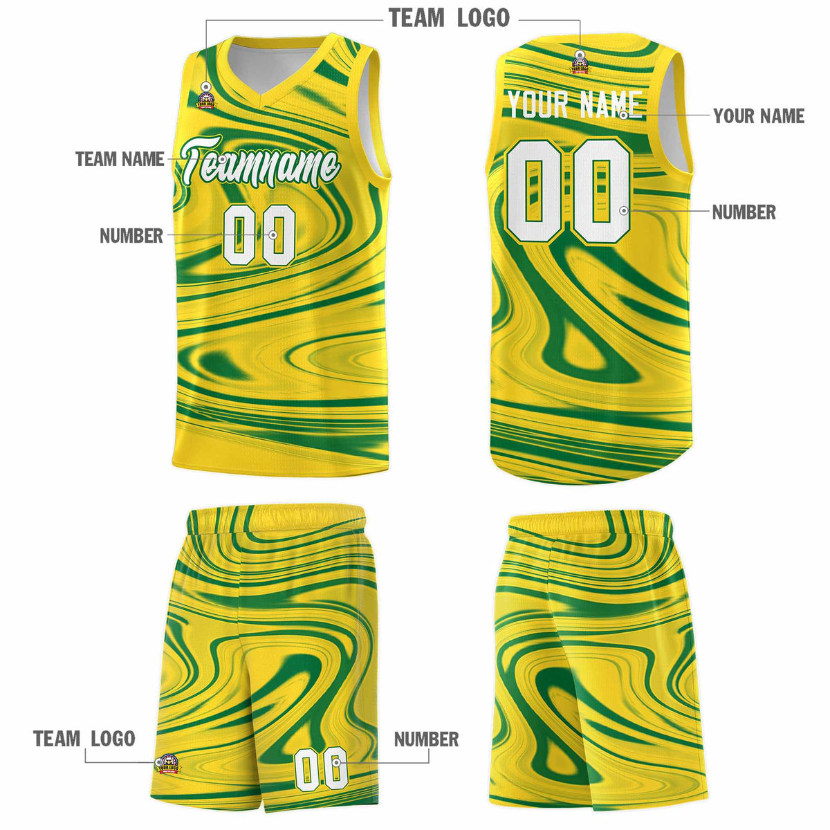 Custom Gold Kelly Green Graffiti Pattern Fluids Style Sports Uniform Basketball Jersey Sets