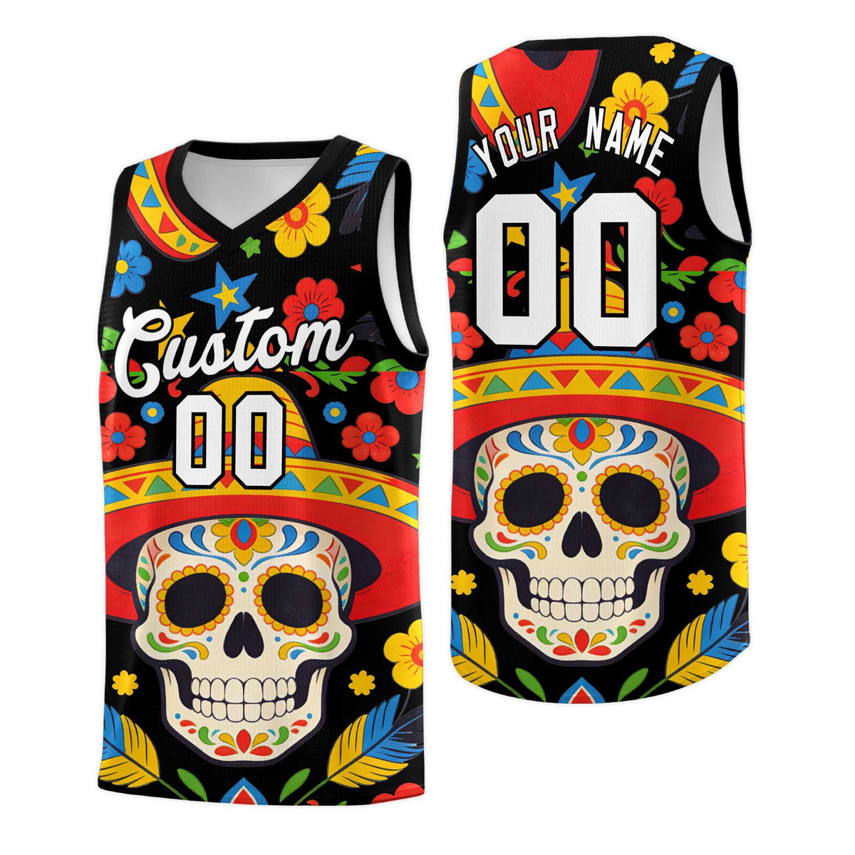 Custom Black Skeleton Mexican Colors Graffiti Patterns Breathable Uniform Basketball Jersey