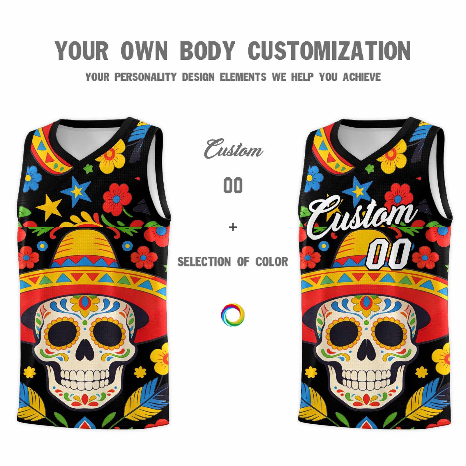 Custom Black Skeleton Mexican Colors Graffiti Patterns Breathable Uniform Basketball Jersey