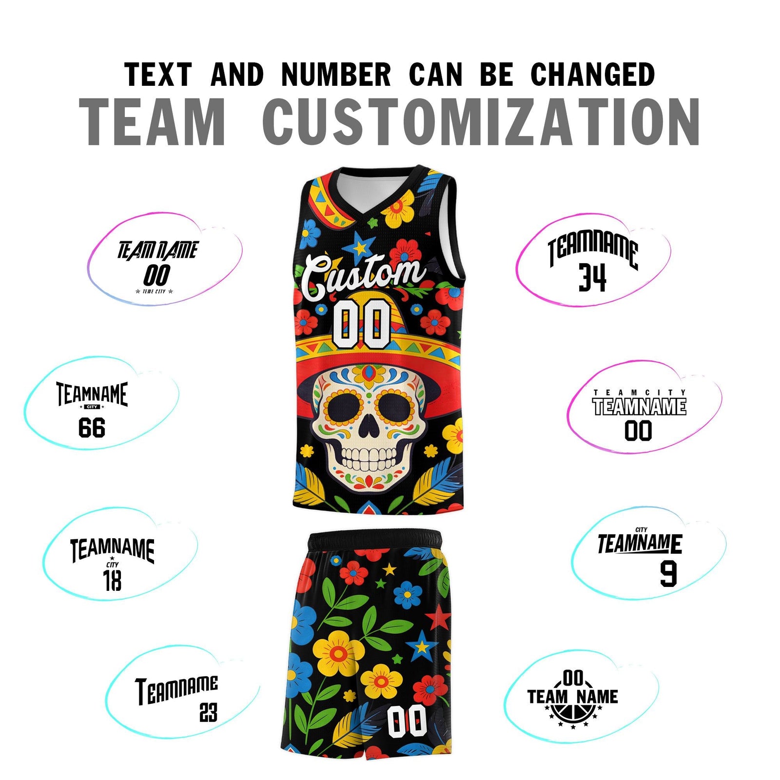 Custom Black Skeleton Mexican Colors Graffiti Patterns Breathable Uniform Basketball Jersey