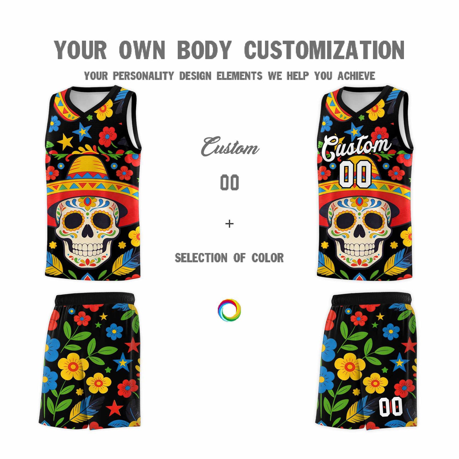 Custom Black Skeleton Mexican Colors Graffiti Patterns Breathable Uniform Basketball Jersey