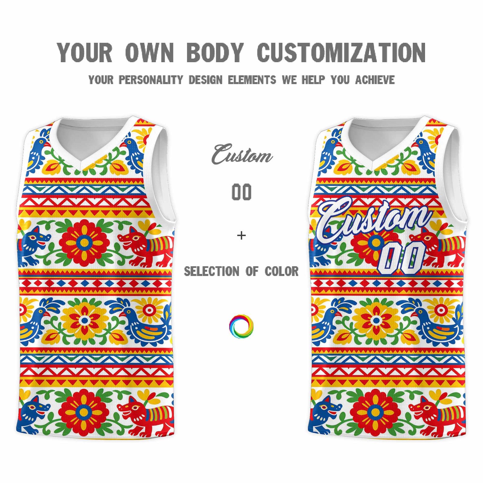 Custom White Colorfulflower pattern Mexican Colors Graffiti Patterns Quick-Drying Uniform Basketball Jersey