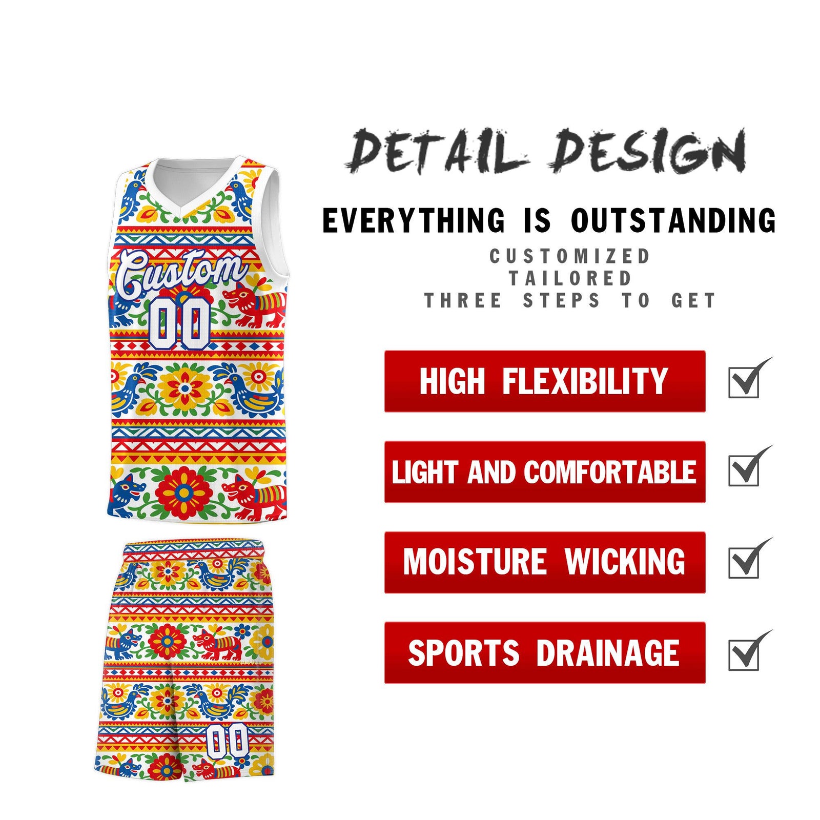Custom White Colorfulflower pattern Mexican Colors Graffiti Patterns Quick-Drying Uniform Basketball Jersey