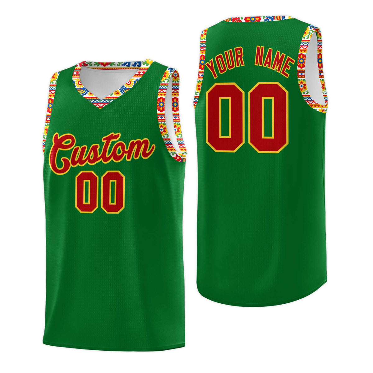 Custom Kelly Green Colorfulflower pattern Mexican Colors Graffiti Patterns Lightweight Uniform Basketball Jersey