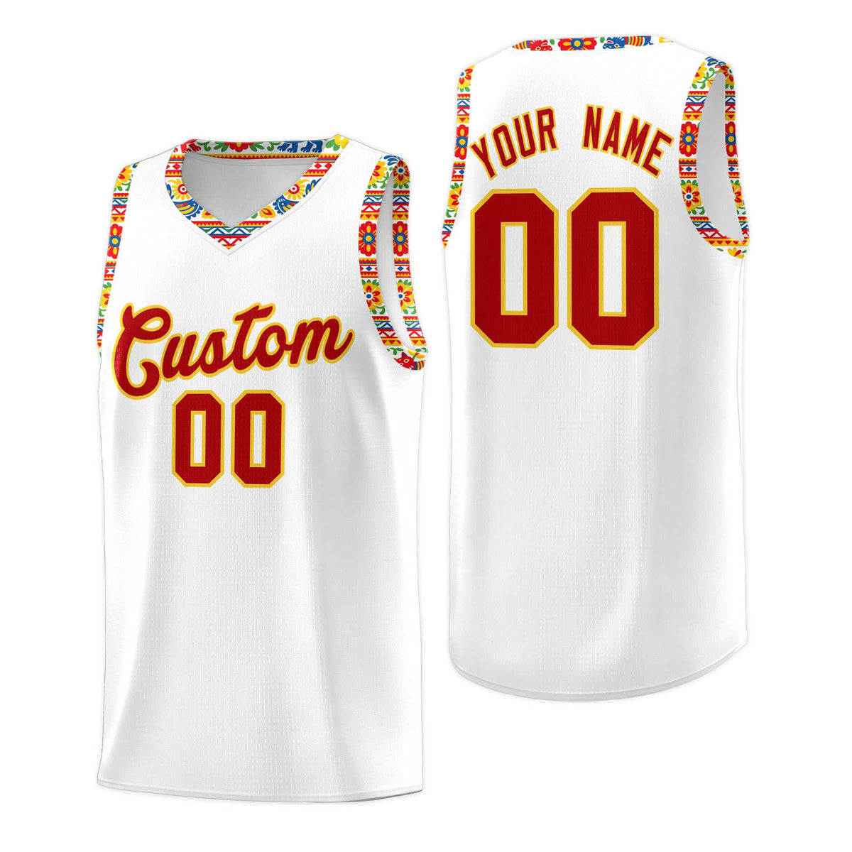Custom White Colorfulflower pattern Mexican Colors Graffiti Patterns Wrinkle-Resistant Uniform Basketball Jersey