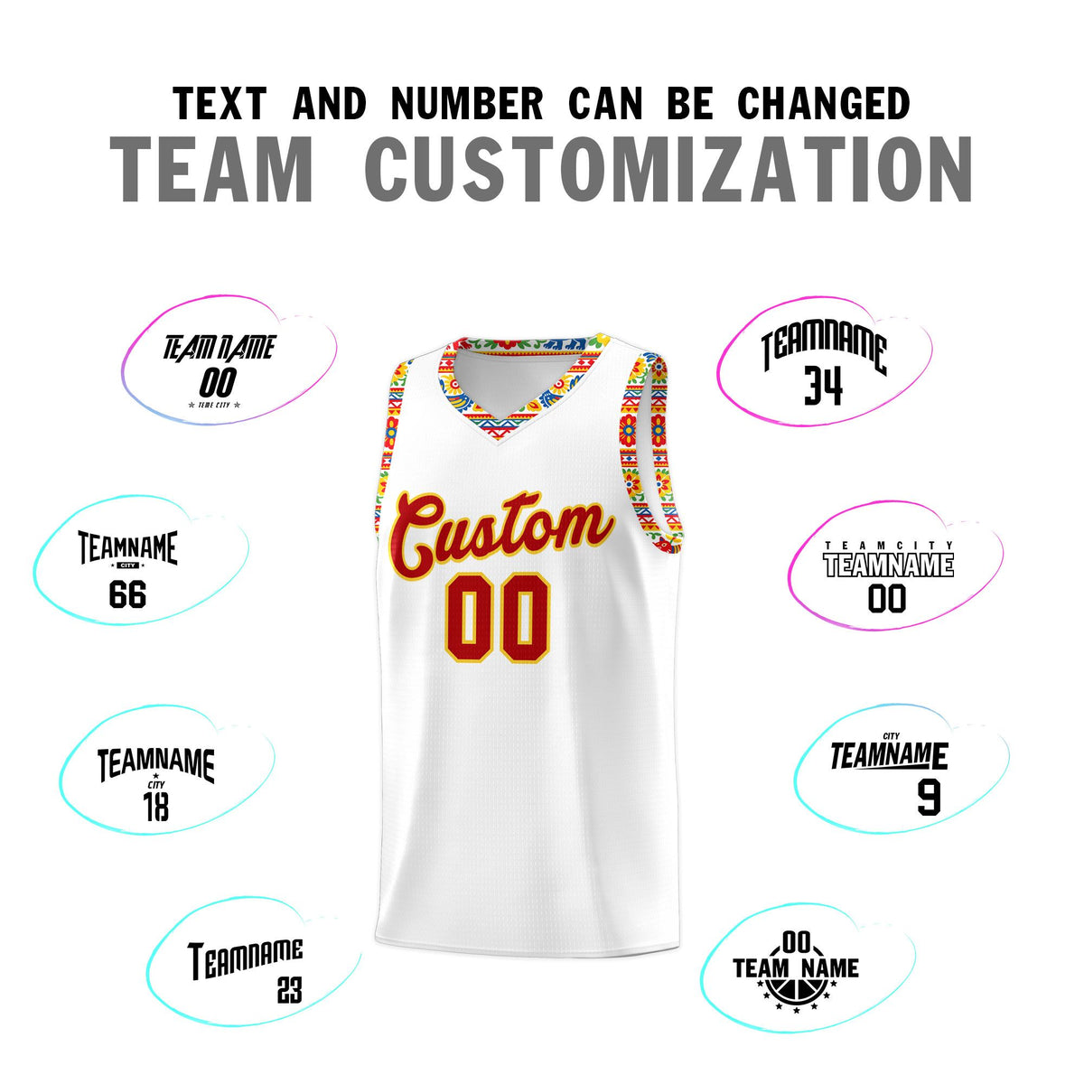 Custom White Colorfulflower pattern Mexican Colors Graffiti Patterns Wrinkle-Resistant Uniform Basketball Jersey