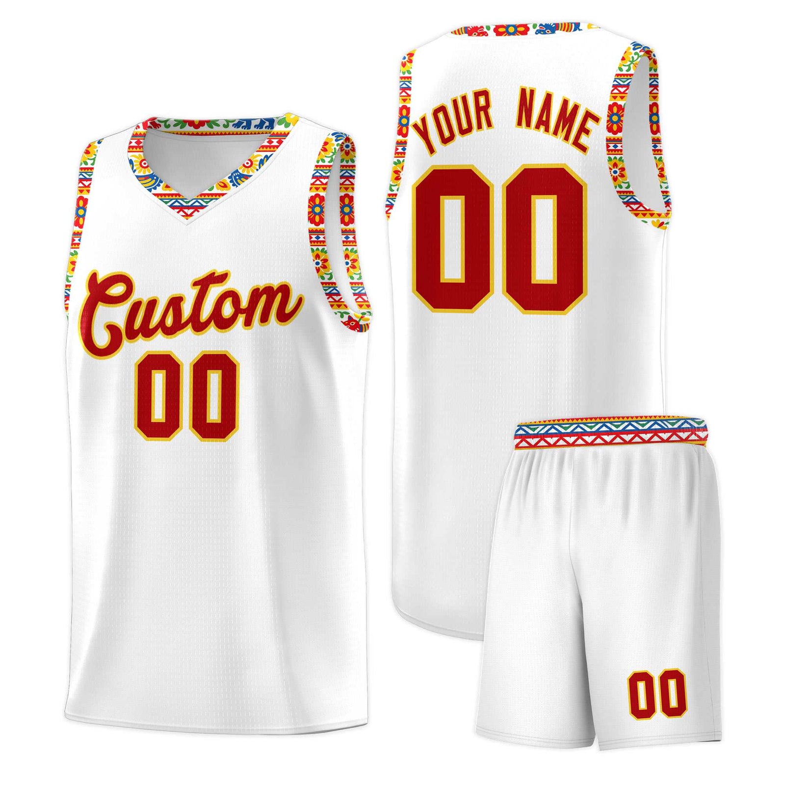 Custom White Colorfulflower pattern Mexican Colors Graffiti Patterns Wrinkle-Resistant Uniform Basketball Jersey