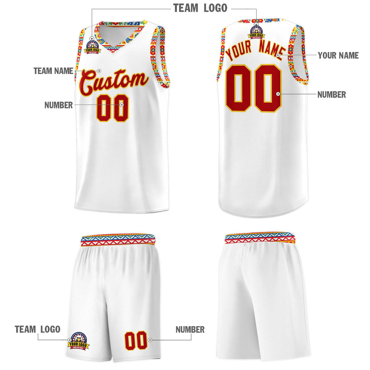 Custom White Colorfulflower pattern Mexican Colors Graffiti Patterns Wrinkle-Resistant Uniform Basketball Jersey