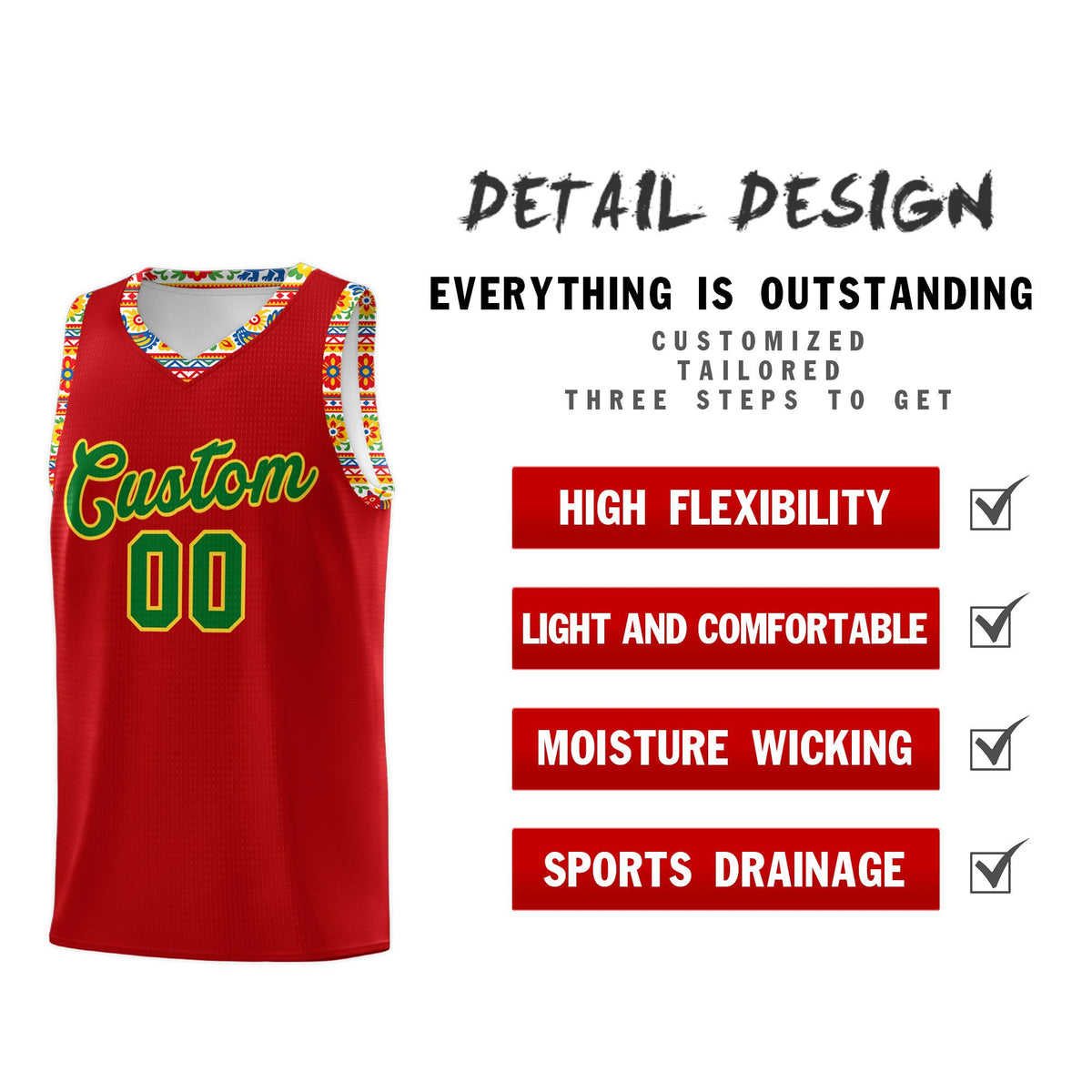 Custom Red Colorfulflower pattern Mexican Colors Graffiti Patterns Drapable Uniform Basketball Jersey
