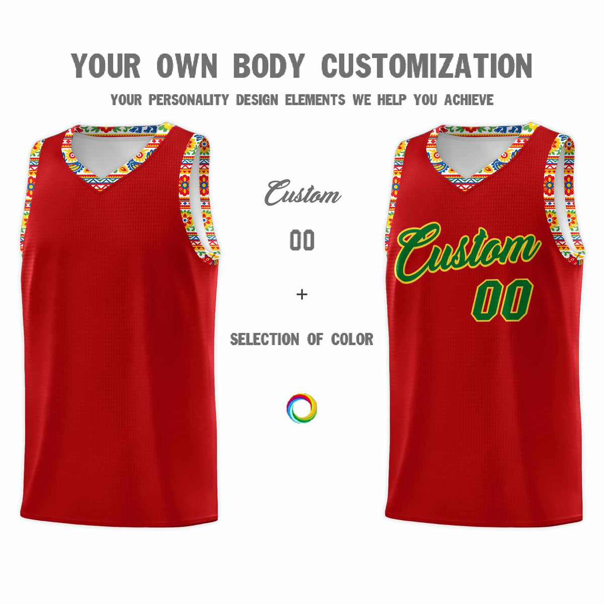 Custom Red Colorfulflower pattern Mexican Colors Graffiti Patterns Drapable Uniform Basketball Jersey