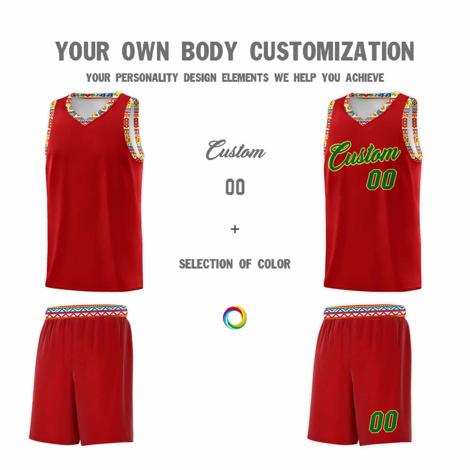 Custom Red Colorfulflower pattern Mexican Colors Graffiti Patterns Drapable Uniform Basketball Jersey