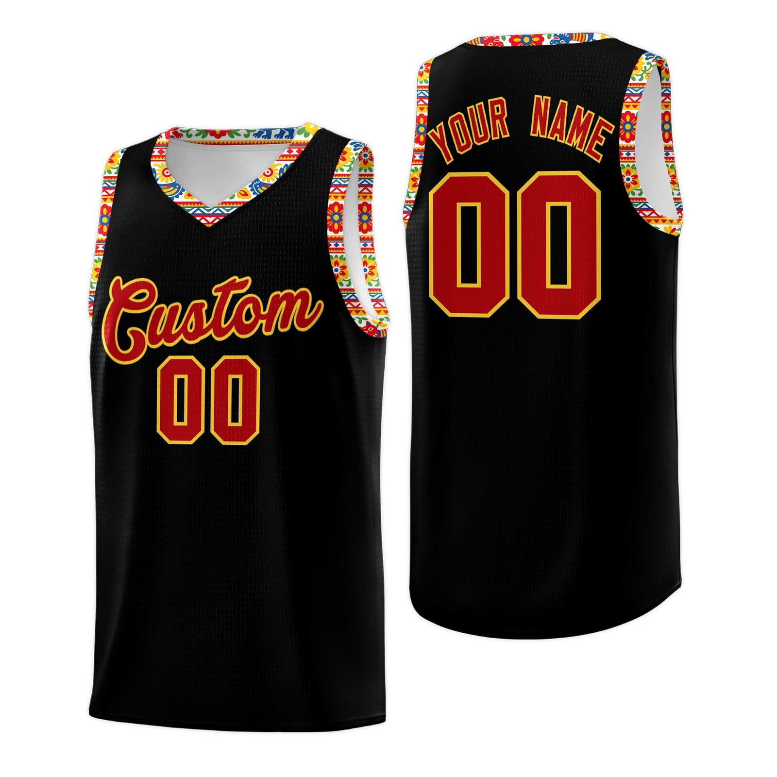 Custom Black Colorfulflower pattern Mexican Colors Graffiti Patterns Sublimation Printing Uniform Basketball Jersey