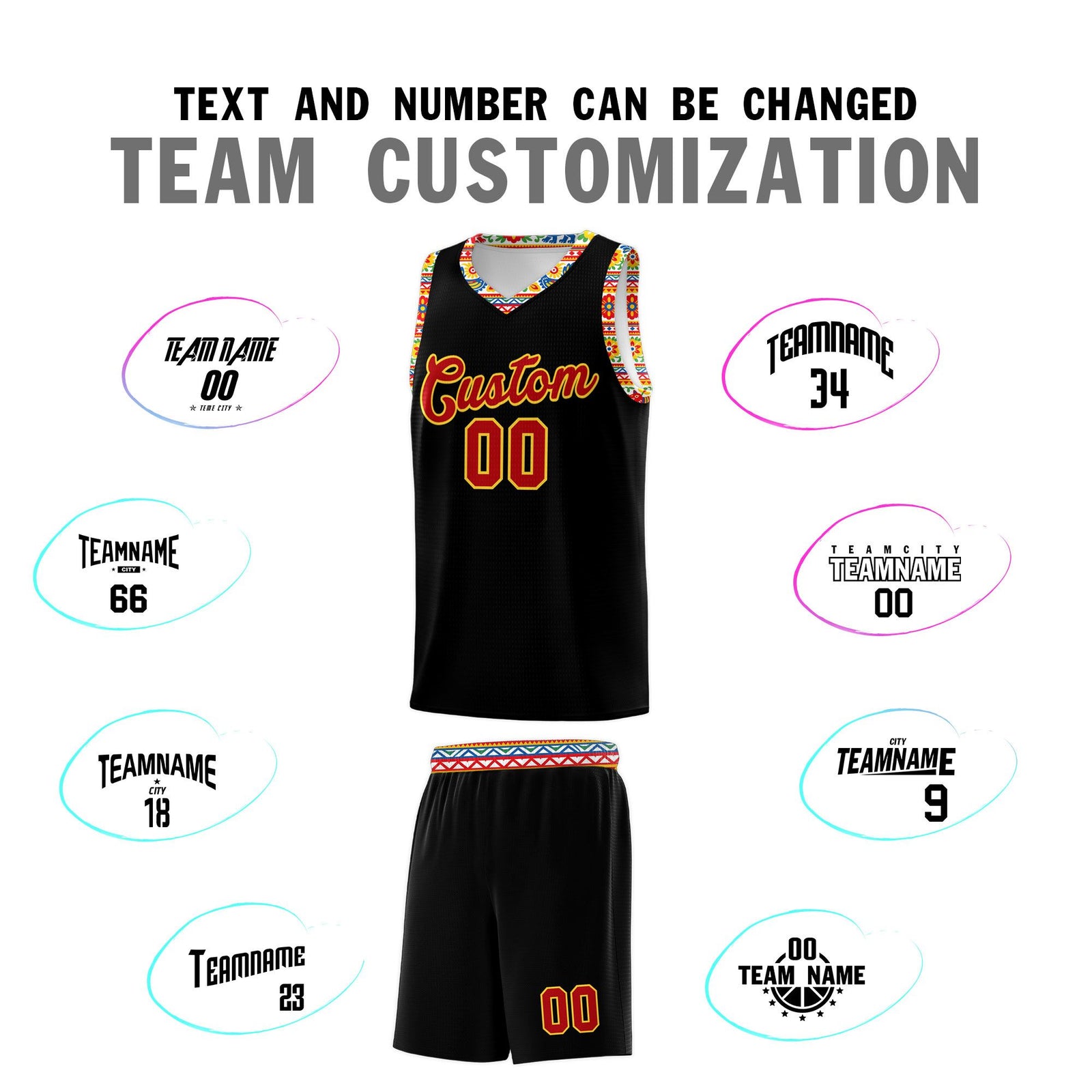 Custom Black Colorfulflower pattern Mexican Colors Graffiti Patterns Sublimation Printing Uniform Basketball Jersey