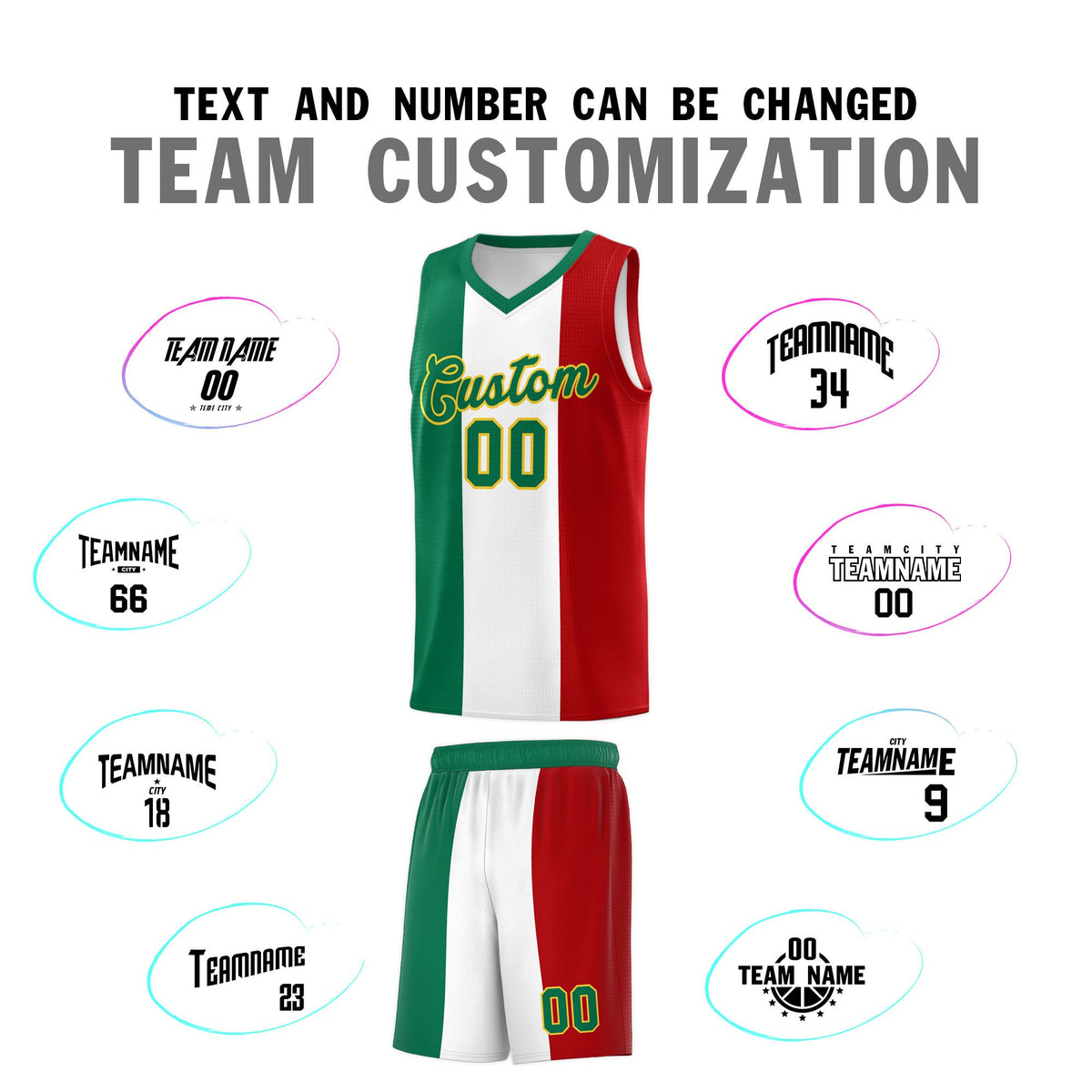 Custom White Kelly Green Red Mexican Colors Graffiti Patterns Breathable Uniform Basketball Jersey