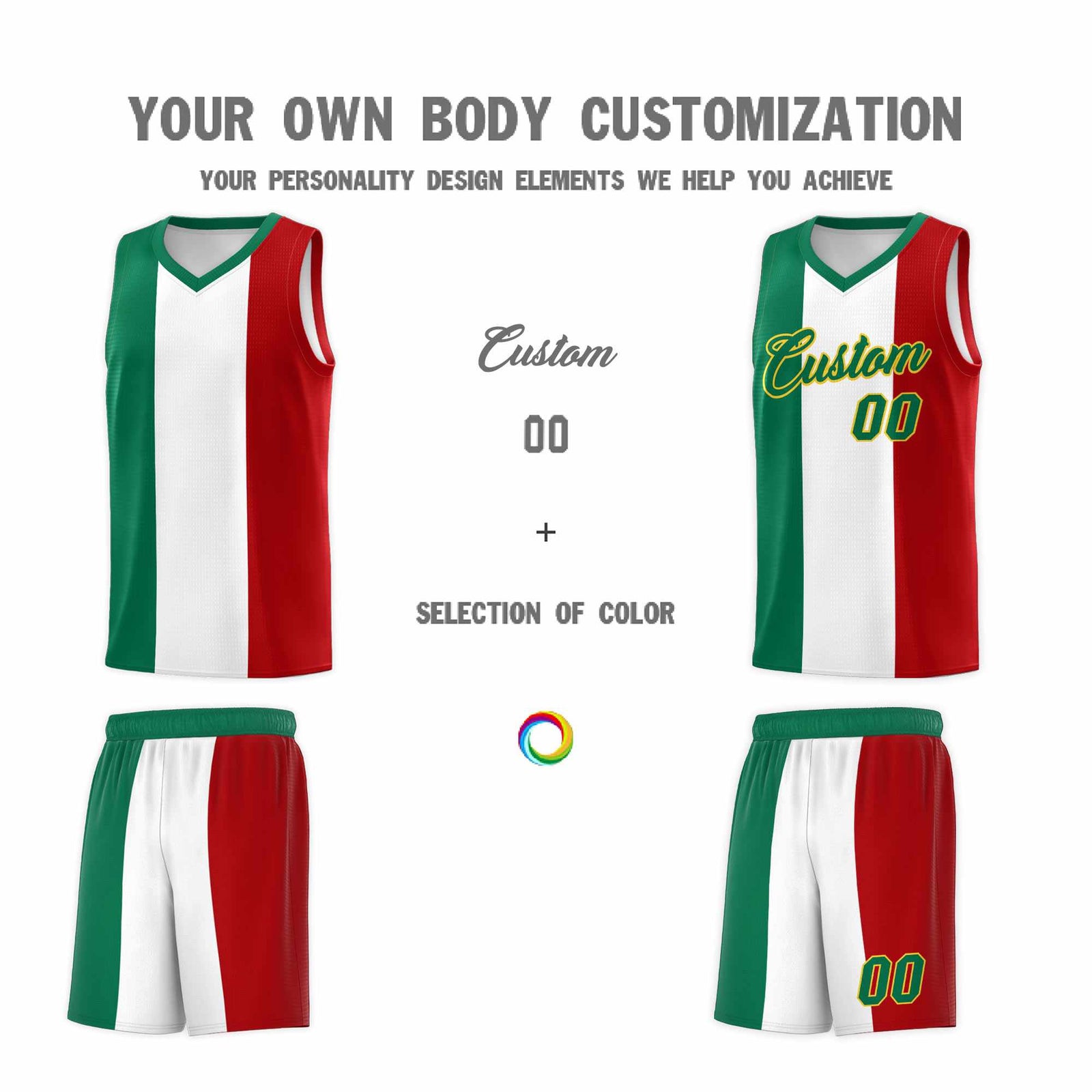 Custom White Kelly Green Red Mexican Colors Graffiti Patterns Breathable Uniform Basketball Jersey