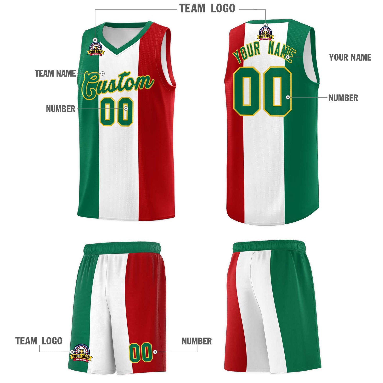 Custom White Kelly Green Red Mexican Colors Graffiti Patterns Breathable Uniform Basketball Jersey