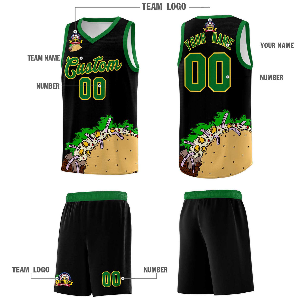 Custom Black Kelly Green Mexican Colors Graffiti Patterns Wrinkle-Resistant Uniform Basketball Jersey