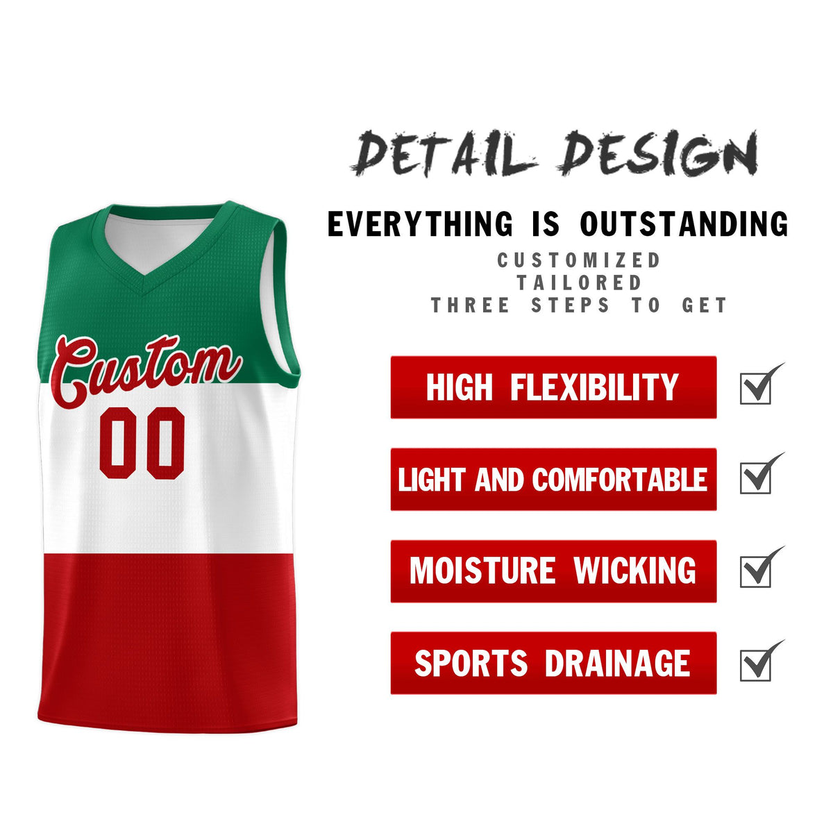 Custom White Kelly Green Red Mexican Colors Graffiti Patterns Drapable Uniform Basketball Jersey