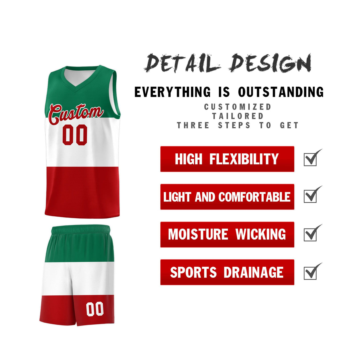 Custom White Kelly Green Red Mexican Colors Graffiti Patterns Drapable Uniform Basketball Jersey