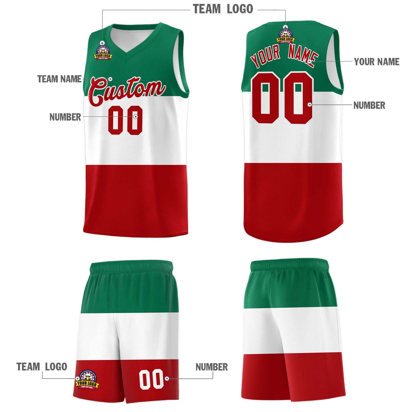 Custom White Kelly Green Red Mexican Colors Graffiti Patterns Drapable Uniform Basketball Jersey