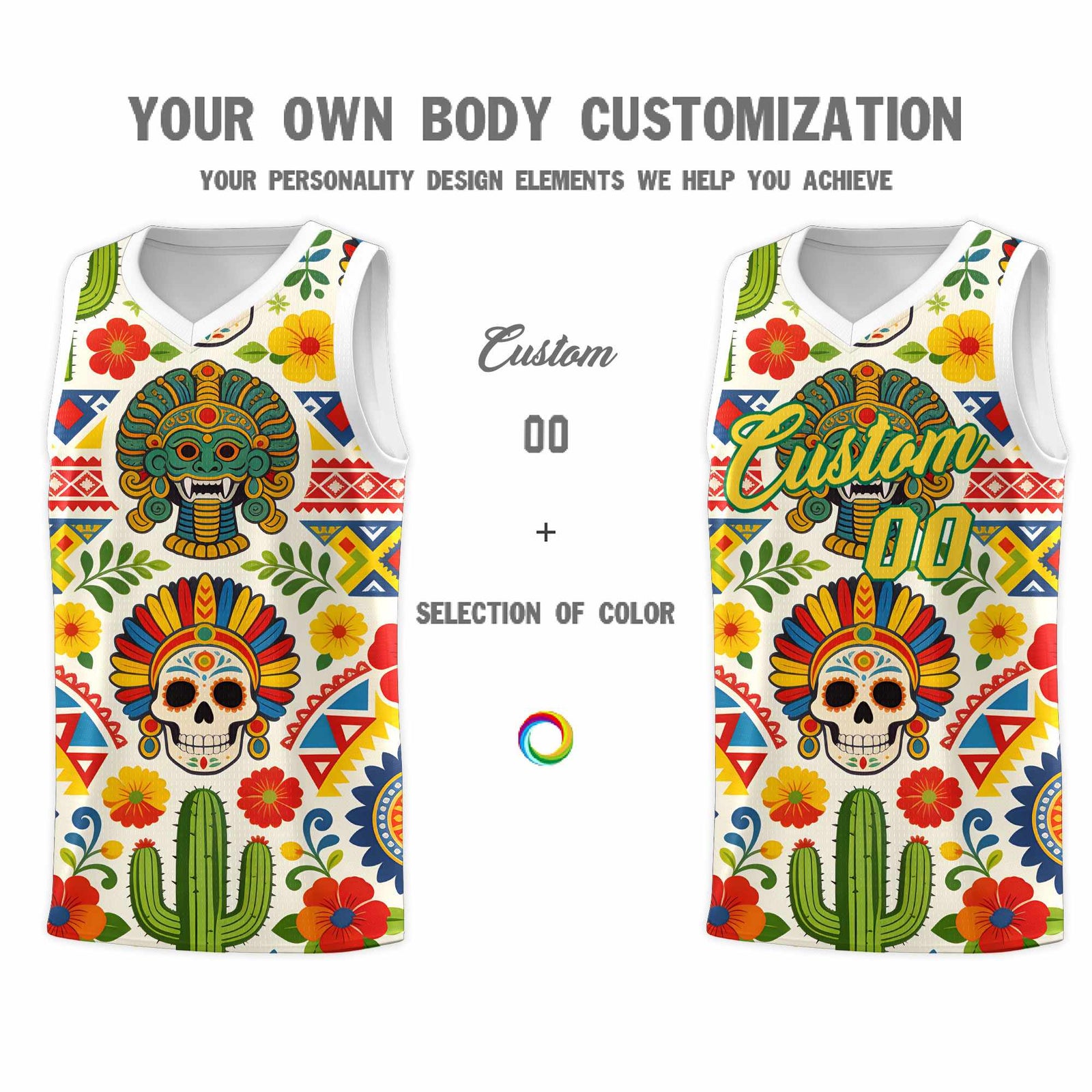 Custom White Skeleton Mexican Colors Graffiti Patterns Sublimation Printing Uniform Basketball Jersey