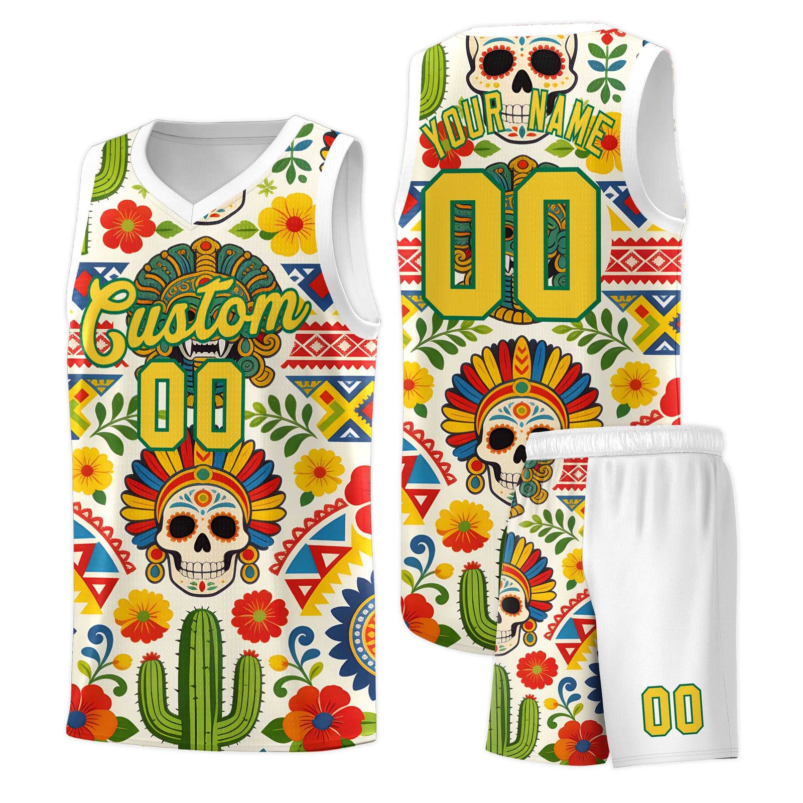 Custom White Skeleton Mexican Colors Graffiti Patterns Sublimation Printing Uniform Basketball Jersey
