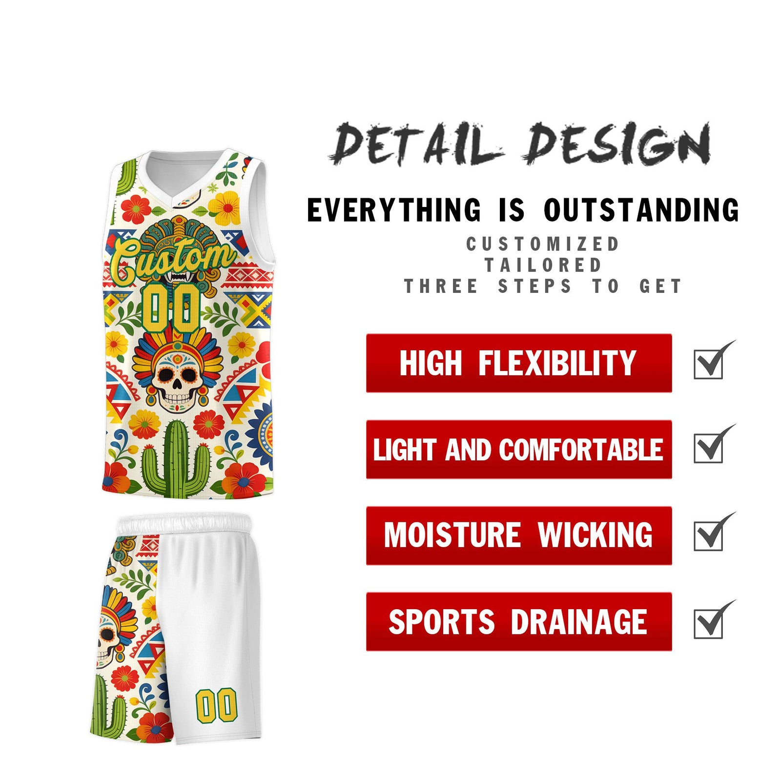 Custom White Skeleton Mexican Colors Graffiti Patterns Sublimation Printing Uniform Basketball Jersey