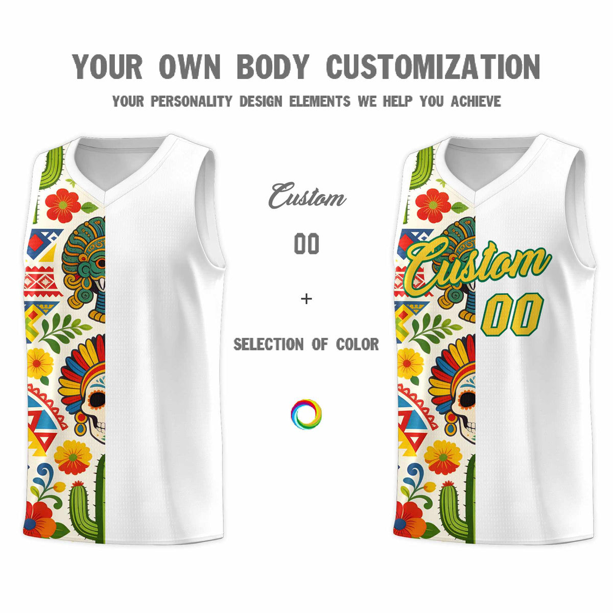 Custom White Skeleton Mexican Colors Graffiti Patterns Breathable Uniform Basketball Jersey
