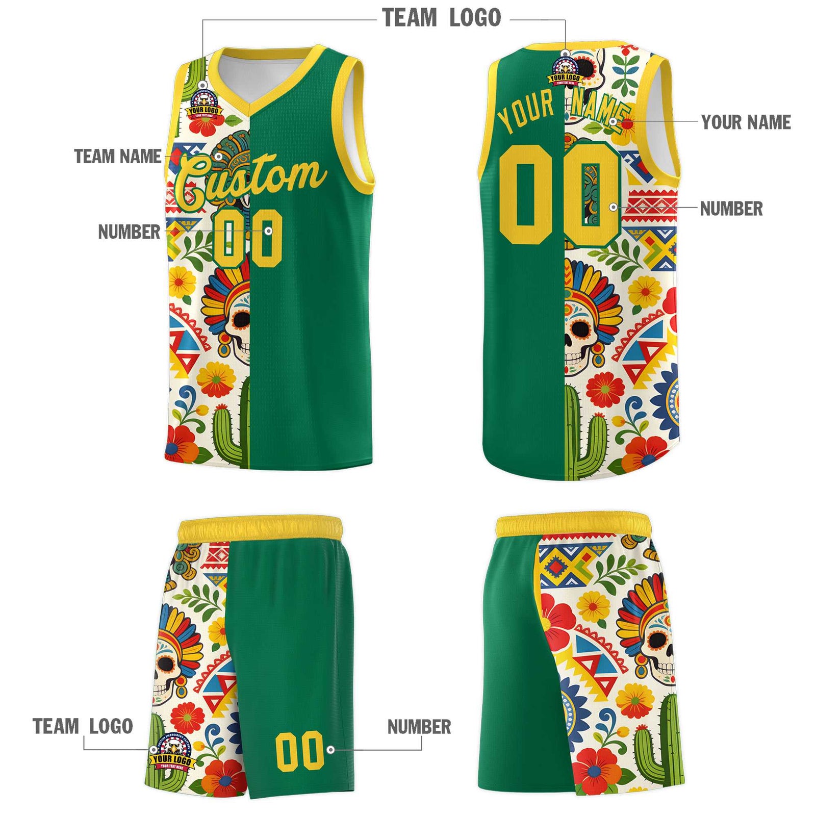 Custom Kelly Green Skeleton Mexican Colors Graffiti Patterns Quick-Drying Uniform Basketball Jersey