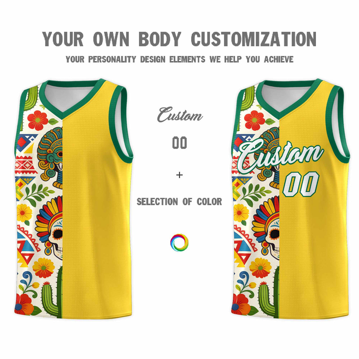 Custom Gold Skeleton Mexican Colors Graffiti Patterns Lightweight Uniform Basketball Jersey
