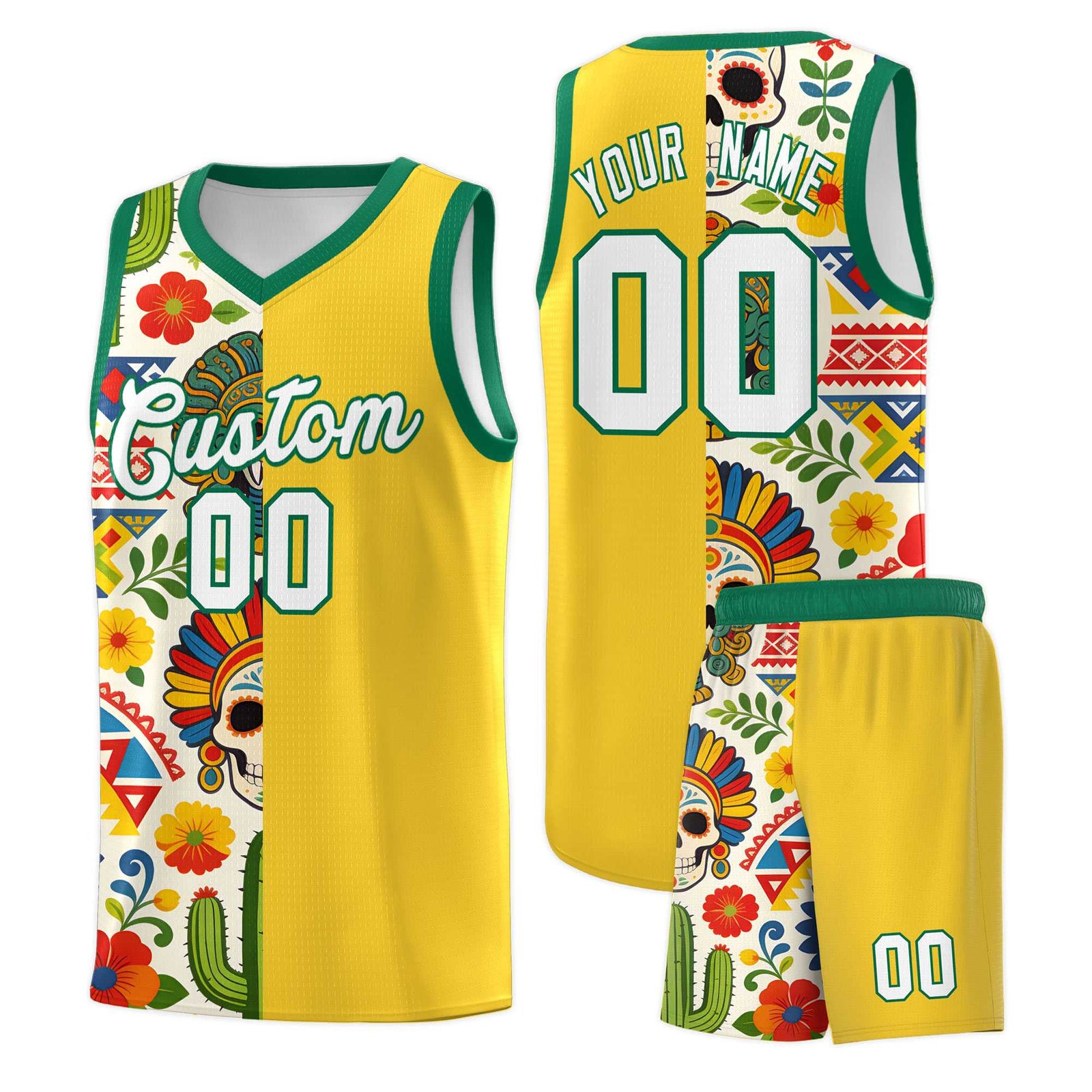 Custom Gold Skeleton Mexican Colors Graffiti Patterns Lightweight Uniform Basketball Jersey