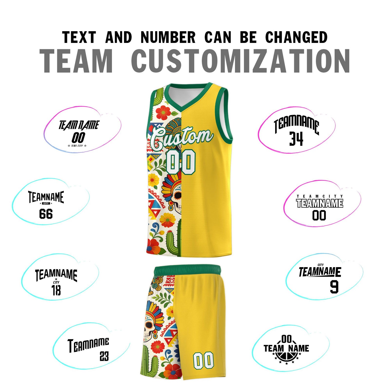 Custom Gold Skeleton Mexican Colors Graffiti Patterns Lightweight Uniform Basketball Jersey