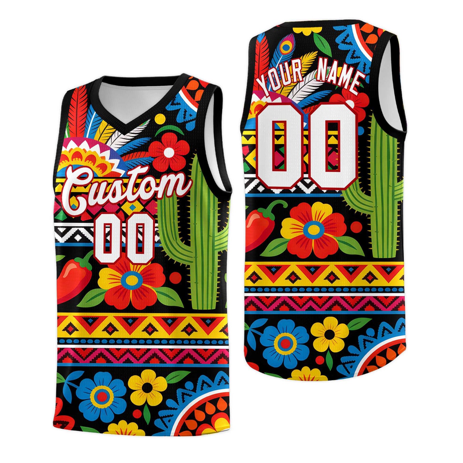 Custom Black Cactus Mexican Colors Graffiti Patterns Wrinkle-Resistant Uniform Basketball Jersey