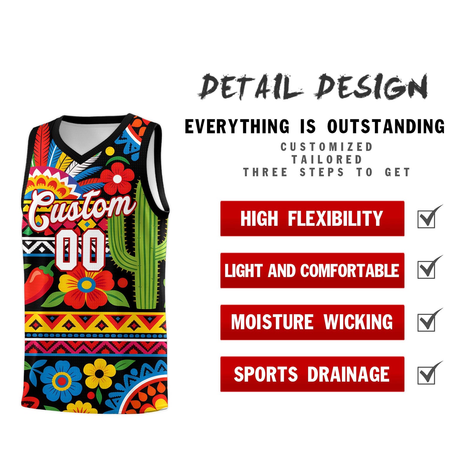 Custom Black Cactus Mexican Colors Graffiti Patterns Wrinkle-Resistant Uniform Basketball Jersey