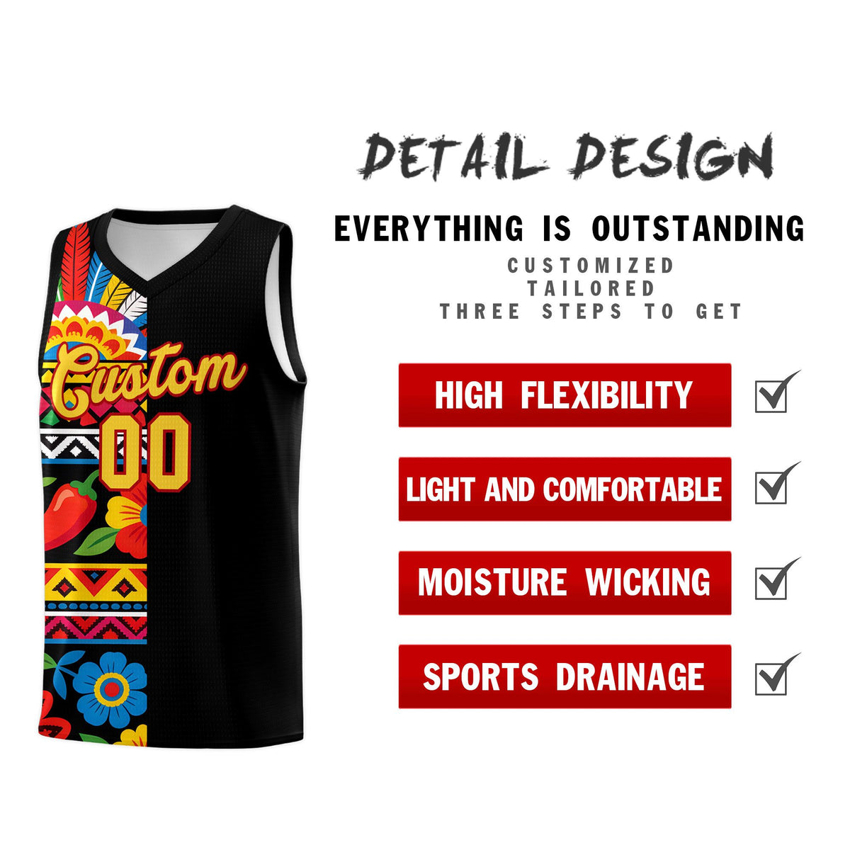 Custom Black Cactus Mexican Colors Graffiti Patterns Drapable Uniform Basketball Jersey