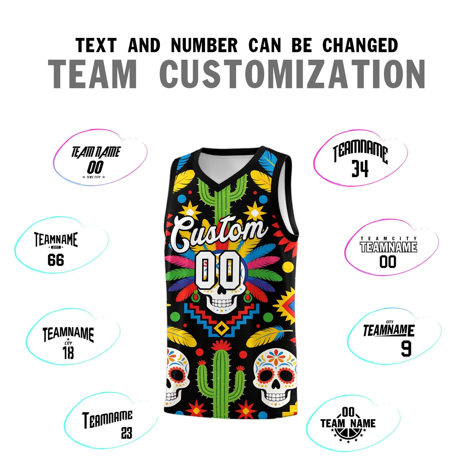 Custom Black Skeleton Mexican Colors Graffiti Patterns Sublimation Printing Uniform Basketball Jersey